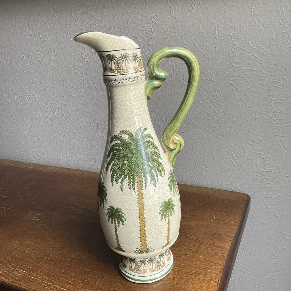 Tropical Palm Tree Coastal Vtg 2001 Ceramic Pitcher Vase 14.5